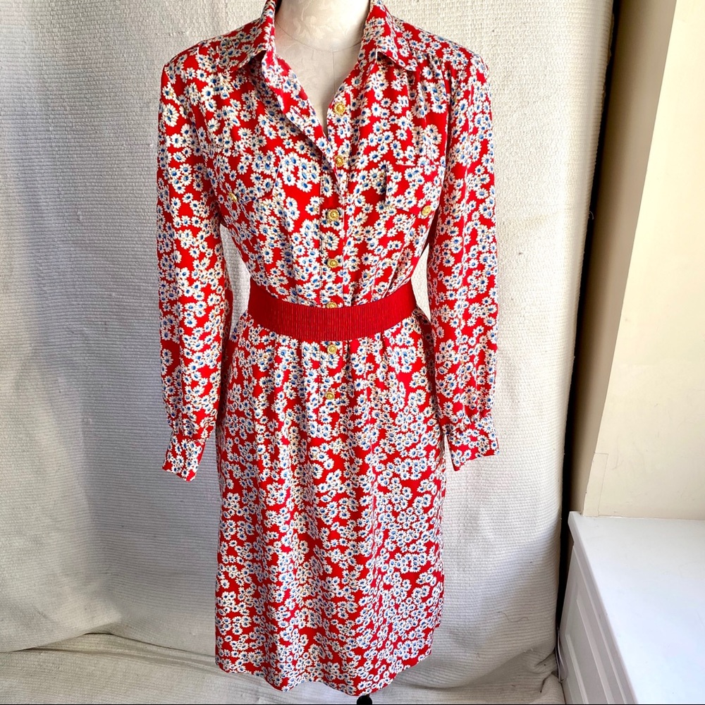 Vintage 90s S/M Daisy Print Secretary Dress Red July 4th - Picture 8 of 8